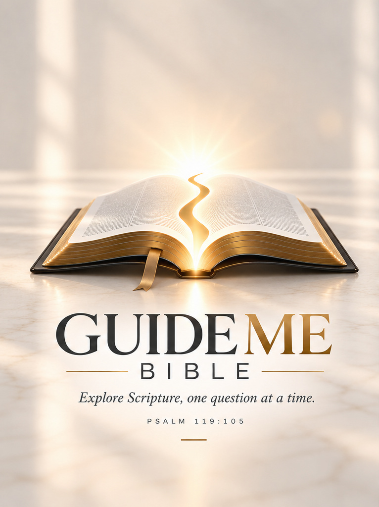 Guide Me Bible logo: a golden path winding through an open Bible toward the rising sun, with the words “Explore Scripture, one question at a time” and Psalm 119:105.