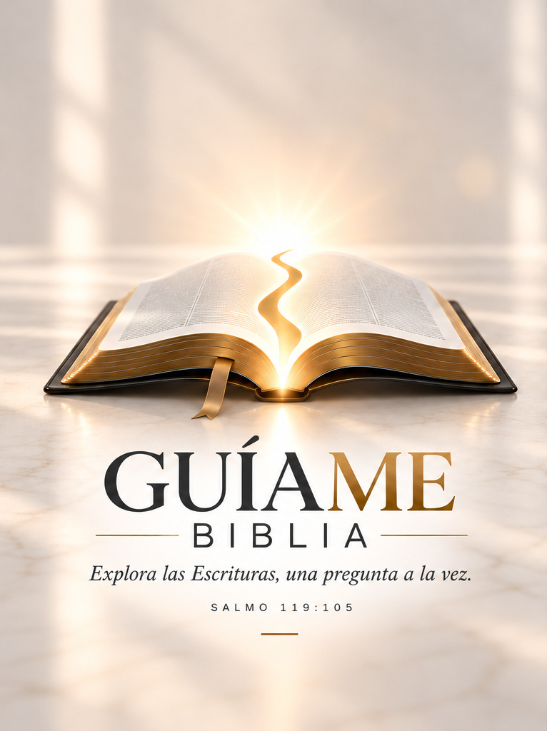 Logotipo de Guíame Biblia: un sendero dorado que atraviesa una Biblia abierta hacia el sol naciente, con las palabras «Explora las Escrituras, una pregunta a la vez» y Salmo 119:105.